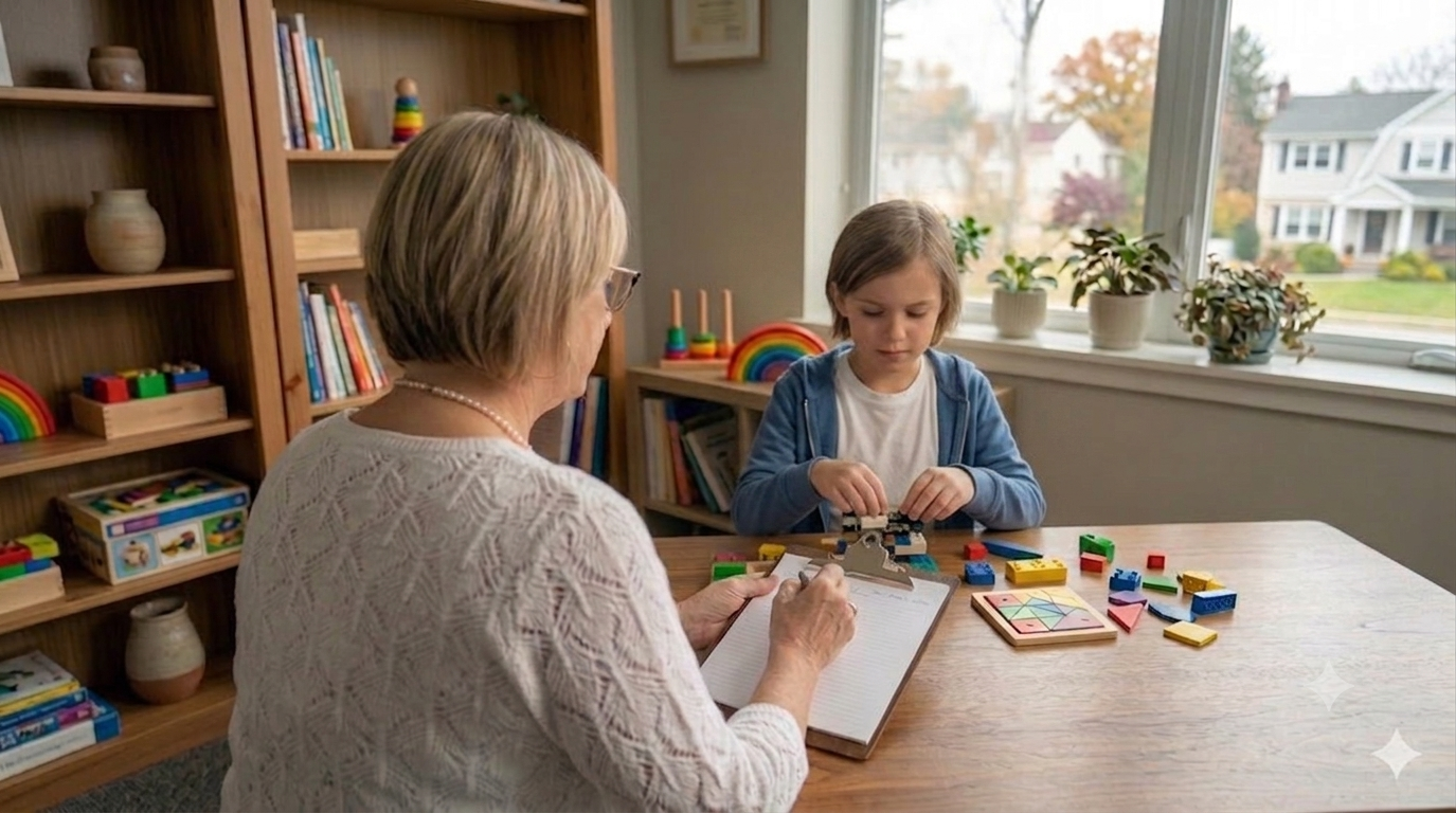 Psychologist conducting a play-based assessment with a young child
